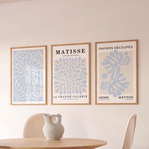 Set di 3 stampe d'arte di Matisse, stampe da parete blu preppy, poster di mostre alla moda, pastello danese, set di stampe da parete per gallerie, decorazioni per dormitori blu pastello