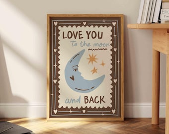 Love You To The Moon Print: Pastel Nursery Decor, Cottagecore Kids Art