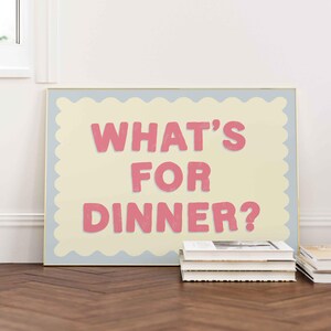 夕食の予定 横長プリント、ミッドセンチュリープリント、美的アート、バウハウスプリント、タイポグラフィプリント、ピンクのキッチンウォールアート、細長プリント