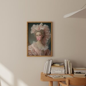 Lady with Pink Bubble Gum, Funny Vintage Altered Art Portrait, Pink Wall Art, Danish Pastel Home Decor, Maximalist Painting, Royal Lady Art