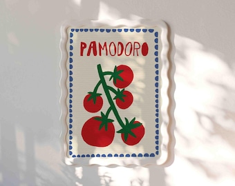 Pamodoro Tomato Art Print, Blue Border Italian Kitchen Poster, Red Vegetable Food Wall Decor