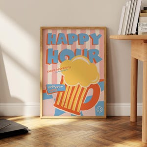 ハッピーアワービールポスター、食べ物と飲み物のイラストポスター、マキシマリストキッチンギャラリーウォールアート、アパートの装飾、バーカートアートプリント