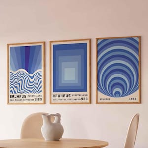 Set di 3 poster Bauhaus blu, stampa artistica da parete minimalista retrò, poster della mostra Bauhaus, arredamento moderno di metà secolo, arredamento per dormitori