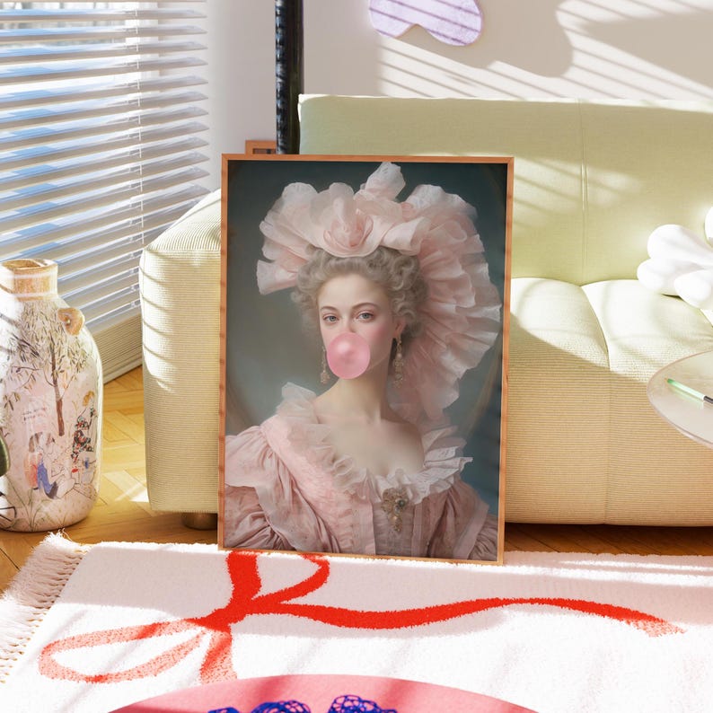 Lady with pink bubble gum print, funny vintage portrait, altered art, pink wall decor, Danish pastel aesthetic, maximalist painting, coquette decor, whimsical wall art, retro-inspired print, playful home decor, bold statement art, unique vintage twist, eclectic interior design, feminine art print, modern classic artwork.
