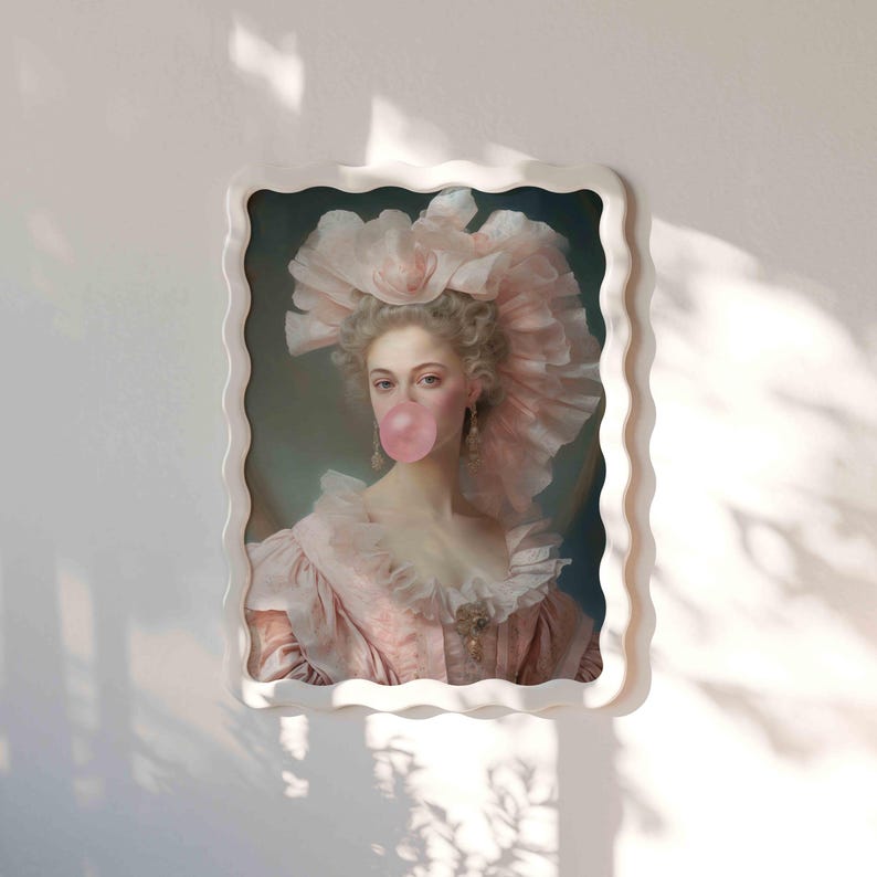 Pink Bubble Gum Lady Portrait Print, Vintage Altered Art, Coquette Home Decor image 1