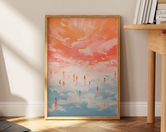 Vintage Beach Print: Tiny People Swimming, Coastal Typography Art
