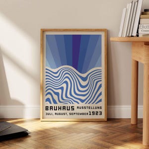 Impressão de pôster Bauhaus, pôster de grande exposição Bauhaus, arte de parede geométrica, moderno de meados do século, decoração Bauhaus azul, arte de parede retrô minimalista
