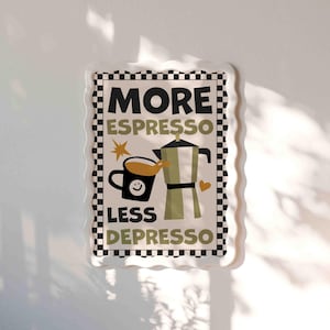 Mer Espresso Mindre Depresso Poster Salviagrön Schackrutig Mokakanna Kök Café Tavelvägg