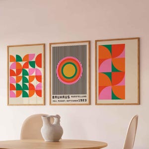 Colorful Bauhaus Art Print, Minimalist Retro Wall Art, Bauhaus Exhibition Poster Set of 3, Mid Century Poster Art, Modern Geometric Wall Art
