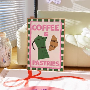 French Cafe Croissant Print, Retro Drink Poster, Trendy Home Decor, Un Cafe Sil Vous Plait Quote, Kitchen Decor, Unique Posters, UNFRAMED