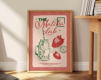 Retro-Kunstdruck „Matcha Club“, Erdbeer-Matcha-Latte-Poster