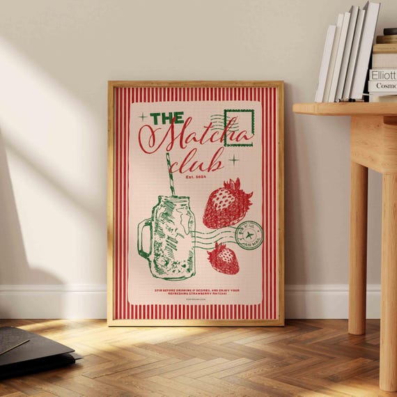 Matcha Club Poster, Retro Drink Art, Cafe Poster, Brunch Poster, Matcha Latte Print, Modern Home Art, Funky Kitchen Print, Hand Drawn Print