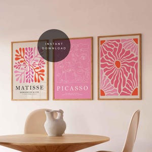 Juego de 3 impresiones de Matisse en color rosa, juego de galería de descarga digital para pared, póster de Matisse, decoración rosa, impresión del mercado de flores, juego de pósteres de Picasso