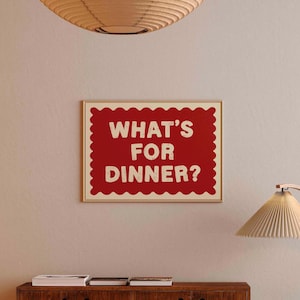 What&#39;s For Dinner Horizontal Print, Mid Century Print, Aesthetic art, Bauhaus Print, Typography Print, Red Kitchen wall art, Narrow Print