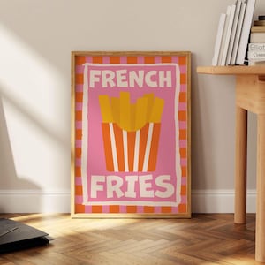 Franse frietjes print, retro frietjes poster, moderne keuken kunst aan de muur, roze muur kunst, preppy slaapzaal decor, barwagen kunst aan de muur, decor appartement