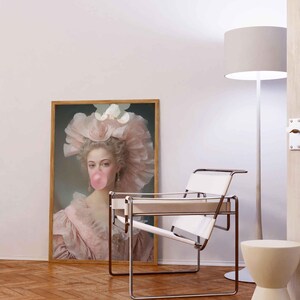 Lady with Pink Bubble Gum, Funny Vintage Altered Art Portrait, Pink Wall Art, Danish Pastel Home Decor, Maximalist Painting, Coquette Decor