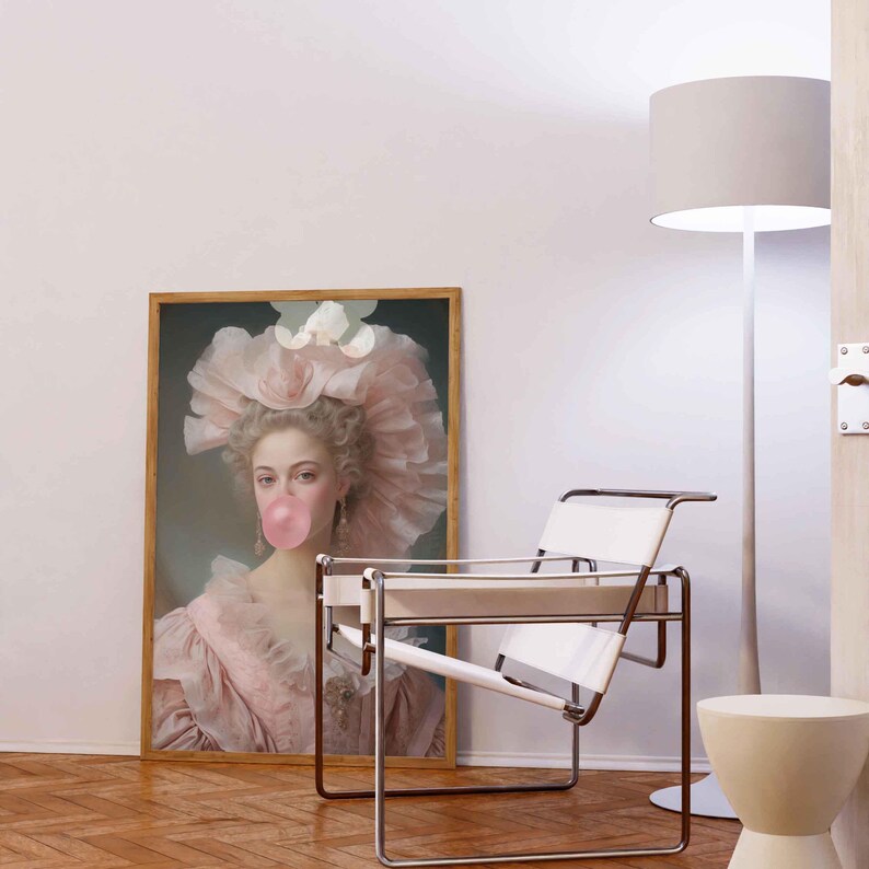 Lady with Pink Bubble Gum, Funny Vintage Altered Art Portrait, Pink Wall Art, Danish Pastel Home Decor, Maximalist Painting, Coquette Decor