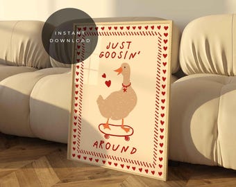 Lámina infantil "Silly Goose": Arte mural retro cottagecore (descarga digital, tamaño A0)
