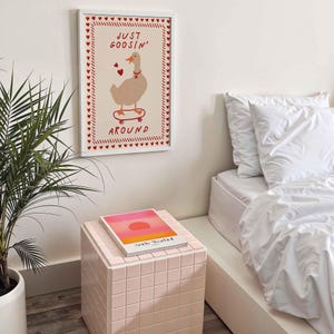 Whimsical ‘Silly Goose on the Loose’ print featuring a playful goose illustration, perfect for nursery decor, kids room wall art, or humorous animal-themed home decoration
