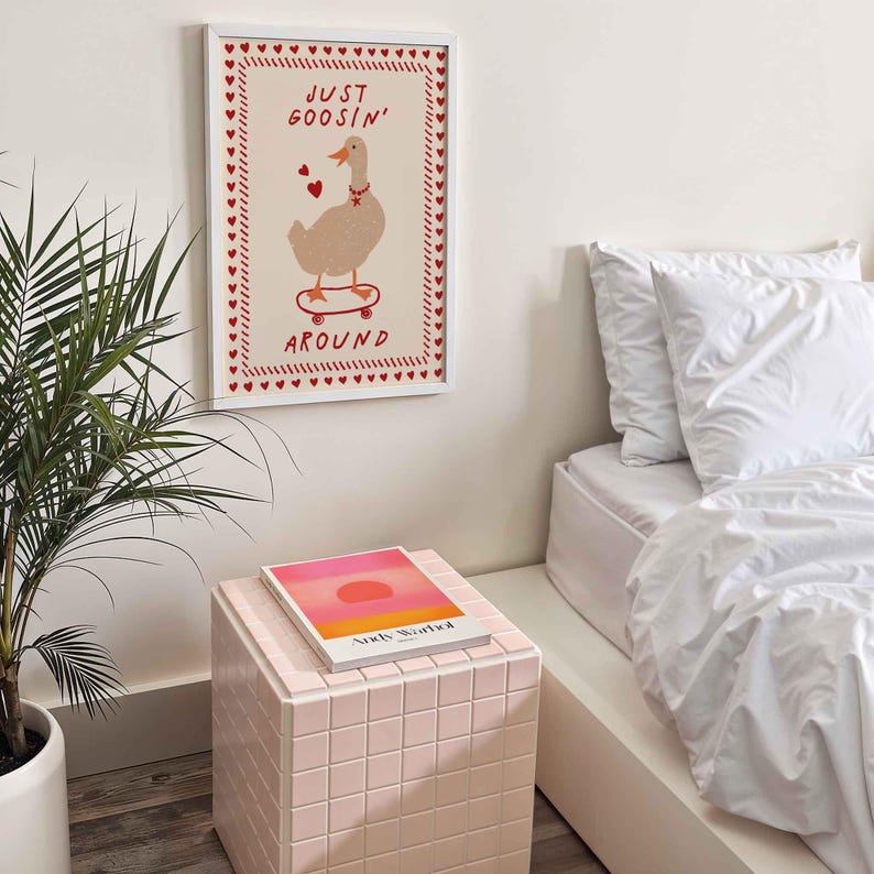 Whimsical ‘Silly Goose on the Loose’ print featuring a playful goose illustration, perfect for nursery decor, kids room wall art, or humorous animal-themed home decoration