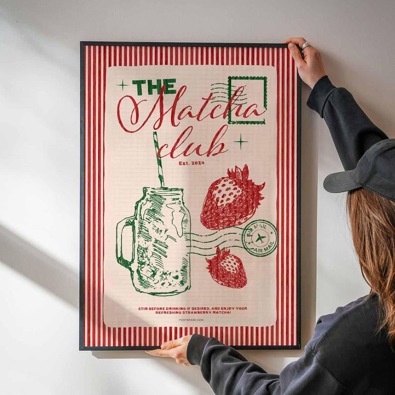 Lámina artística retro de Matcha Club, póster de Matcha Latte de fresa imagen 4
