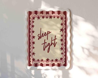 Sleep Tight Poster Burgundy Pink Striped Scalloped Star Dark Coquette Bedroom Nursery Gallery Wall