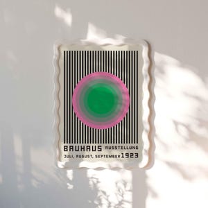 Abstract Wavy Line Print, Pink Orange Bauhaus Poster, Retro Sunset