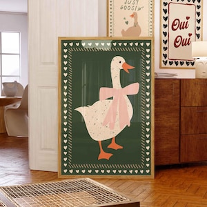 Silly Goose Wall Art Cute Goose Poster Sage Green Nursery Decor Farm Animal Poster Pink Coquette Room Decor Green Girl's Room Goose Print
