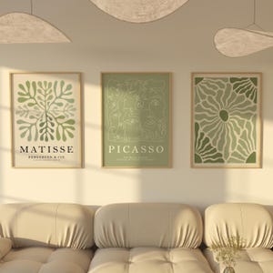 Forest Green Matisse Prints, 3 Set, Green Wall Art, Modern Art Poster, Green Prints, Cream Wall Art, Neutral Wall Decor, Living Room Art