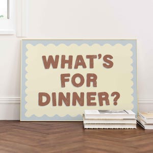 夕食の予定 横長プリント、ミッドセンチュリープリント、美的アート、バウハウスプリント、タイポグラフィプリント、ブルーキッチンウォールアート、細長プリント