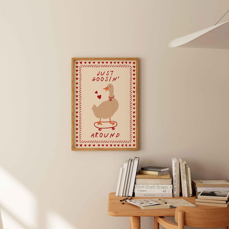Silly Goose Print, Trendy Wall Art, Retro Apartment Decor, Quirky Wall Art, Nursery Room Decor, Cottagecore Aesthetic, Cute Animal Art, Funny Wall Poster, Playful Home Decor, Whimsical Goose Art, Vintage Inspired Wall Art, Eclectic Wall Art