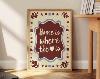 Retro Home Is Where the Heart Is Art Print, Mid Century Modern Typography