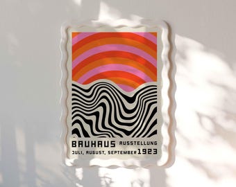 Abstract Wavy Line Print, Pink Orange Bauhaus Poster, Retro Sunset