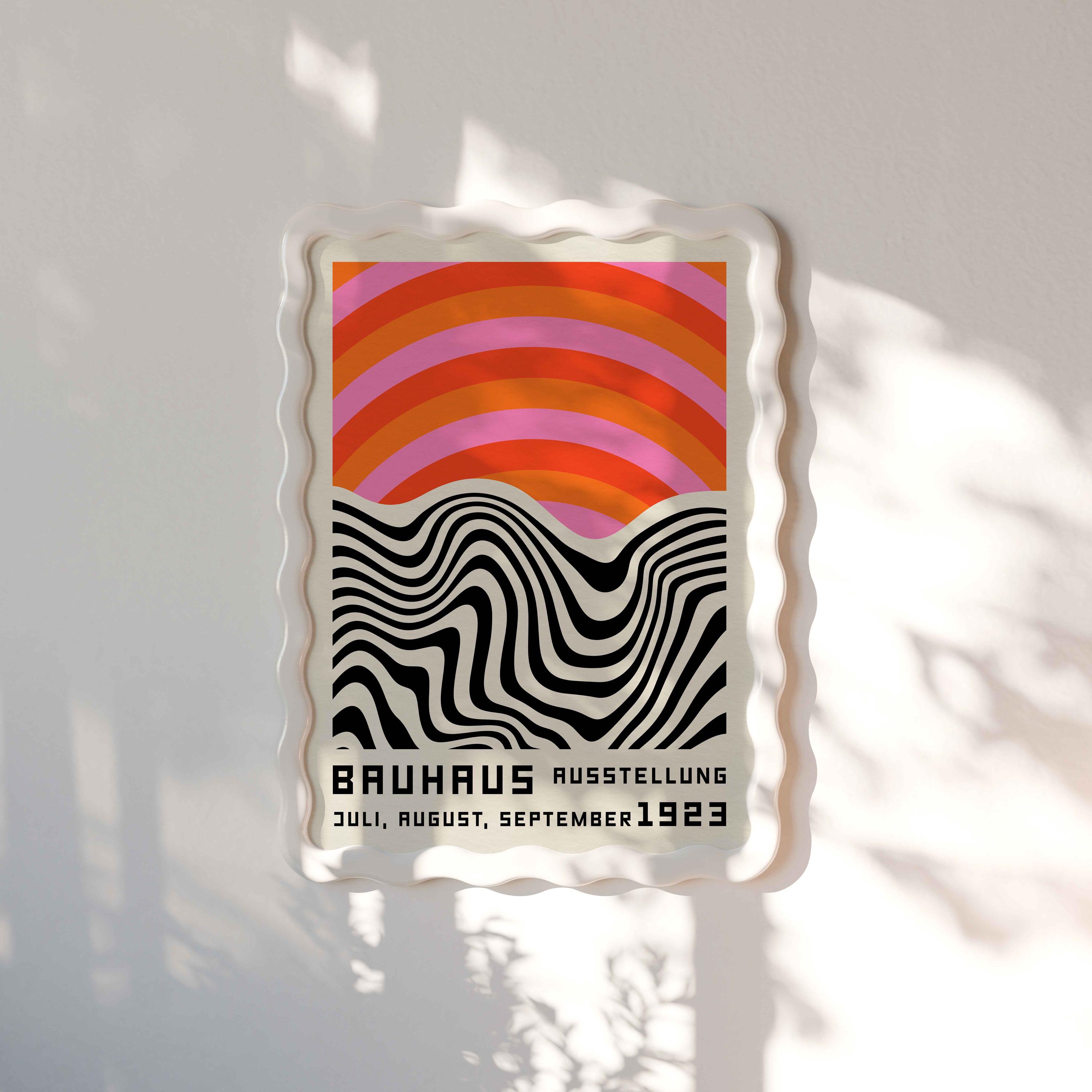 Abstract Wavy Line Print, Pink Orange Bauhaus Poster, Retro Sunset