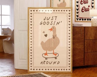 Stampa Silly Goose, poster beige per cameretta dei bambini, animali da fattoria