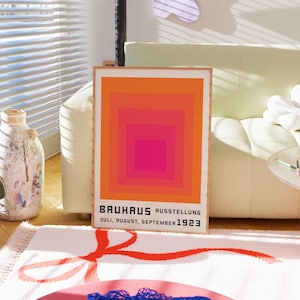 Affiche de l'exposition Bauhaus, carrés orange roses, impression de formes, affiche géométrique, art mural minimal Bauhaus, art mural moderne Mid-Century rose