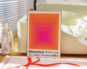 Bauhaus Exhibition Poster, Pink Orange Squares, Shapes Print, Geometric Poster, Minimal Bauhaus Wall Art, Mid Century Modern, Pink Wall Art