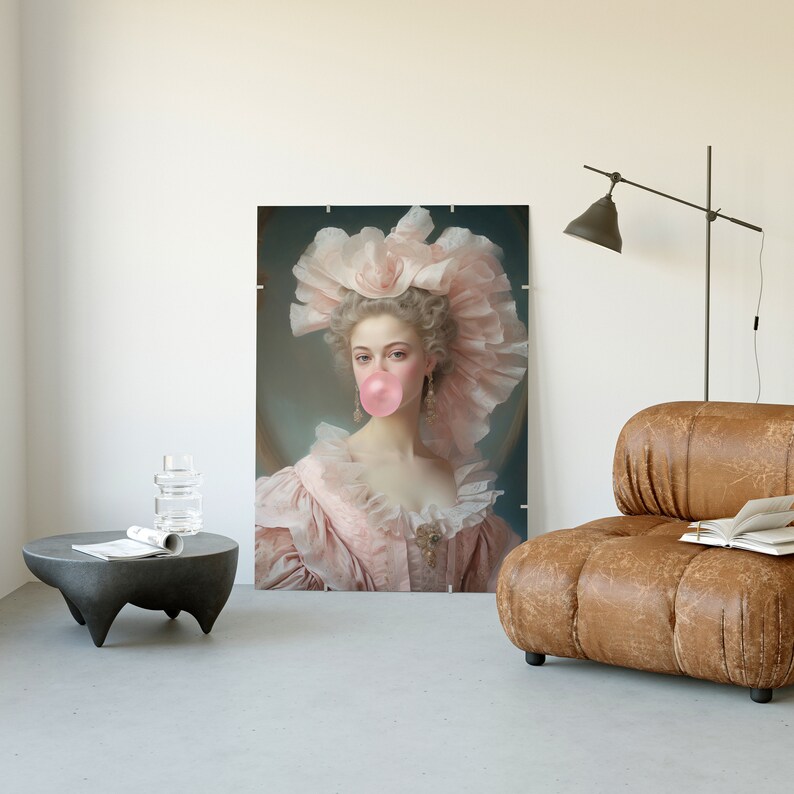Lady with Pink Bubble Gum, Funny Vintage Altered Art Portrait, Pink Wall Art, Danish Pastel Home Decor, Maximalist Painting, Coquette Decor