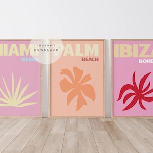 PRINTABLE Set of 3 Travel Famous places prints | Ibiza Palm Beach Miami Gallery | Preppy Travel poster | Pastel Home Decor Art | Large size