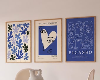 Juego de 3 láminas de Matisse, póster azul marino de estilo moderno de mediados de siglo, decoración de pared minimalista.