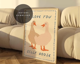 Silly Goose Love Print: Blue Retro Cottagecore Wall Art (Digital Download)