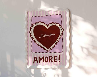 Amore Italian Euro Summer Poster | Romantic Red Heart Striped Pink Cream Apartment Gallery Wall
