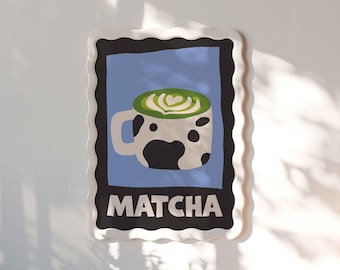 Matcha Latte Poster, Cow Mug Illustration, Bold Kitchen Decor, Preppy Room Sign, Unframed