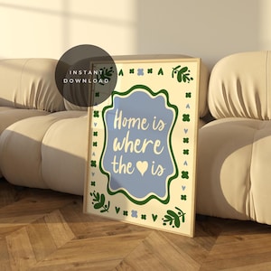 Home Is where the Heart Is Druck, Handgezeichnetes Herz Zitat, Retro Wandkunst, Herz Liebe Poster, druckbares Poster, Funky Ästhetik blau Dekor