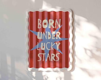 Born Under Lucky Stars Art Print, Blue Stripe Astrology Poster, Pink Typography Wall Decor