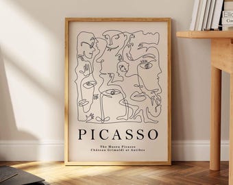 Lámina de la exposición de Picasso, arte lineal minimalista en tonos beige, decoración de pared para galería.