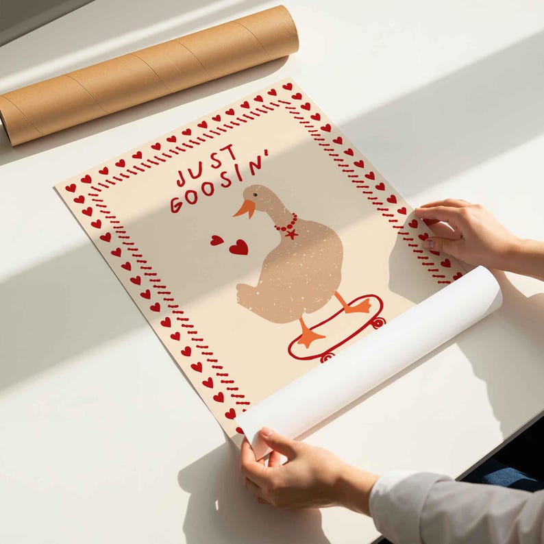 Whimsical ‘Silly Goose on the Loose’ print featuring a playful goose illustration, perfect for nursery decor, kids room wall art, or humorous animal-themed home decoration