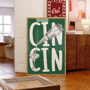 Póster de Cin Cin con texto "Cheers", arte mural de cocina italiana, tipografía de bar, arte vintage con bebidas, decoración de carritos de bar para el hogar, arte de comedor