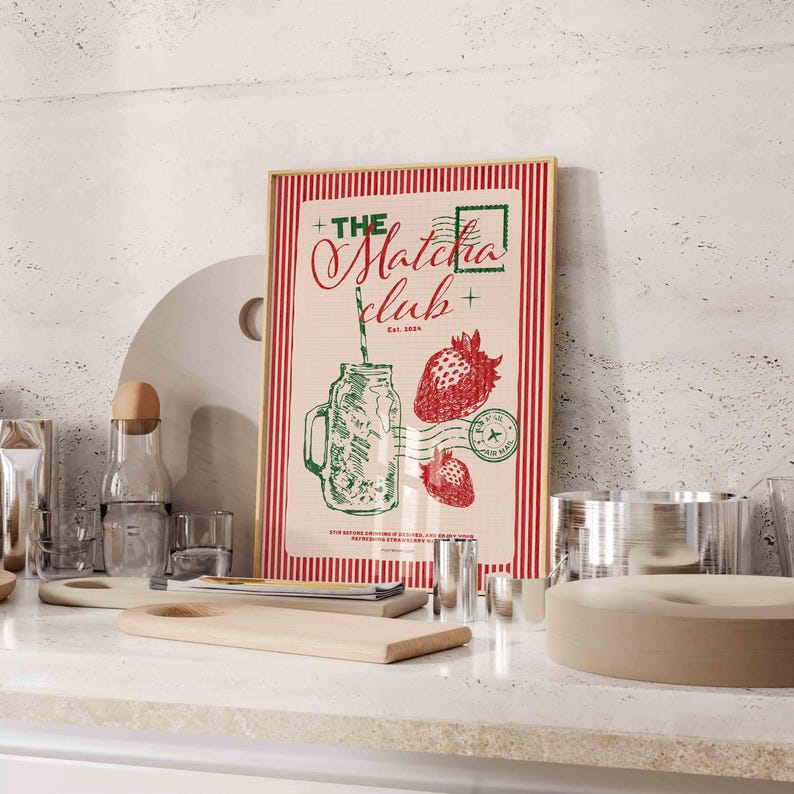 Matcha Club Poster, Retro Drink Art, Cafe Poster, Brunch Poster, Matcha Latte Print, Modern Home Art, Funky Kitchen Print, Hand Drawn Print