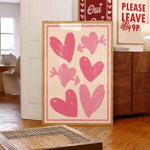 Pink Hearts Preppy Poster, Abstract Hand Drawn Hearts Prints, Funky Room Decor, Girly College Dorm Posters, Cute Wall Art, Apartment Decor